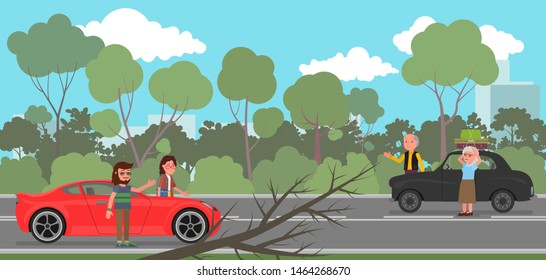 On the road there was a traffic jam due to a fallen tree. Vector stock illustration, flat design style.