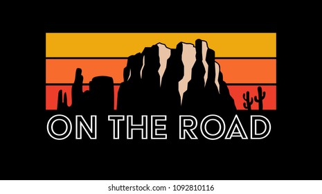 On the road, road trip, slogan, typography, tee shirt graphic, printed design.