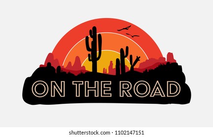 On the road, road trip, slogan, typography, graphic tee, printed design.