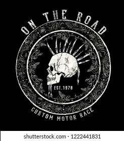 On the road.Biker skull, t shirt graphic design.