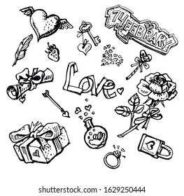 On a romantic Valentine's day card, two cats in love are drawn, with romantic elements and inscriptions around them.
