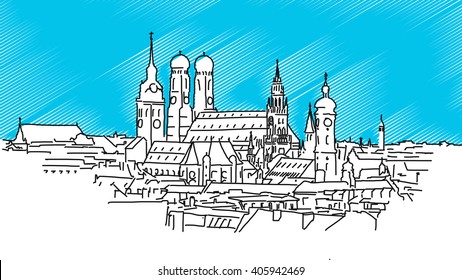 On the roofs of Munich, Vector Outline Sketch with blue background