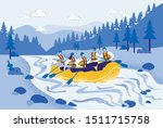 On Rough Mountain River in Yellow Inflatable Boat Sit Men and Woman in Helmets and Life Jackets Flat Cartoon Vector Illustration. People Holding Paddles and Rafting among Forest Trees.