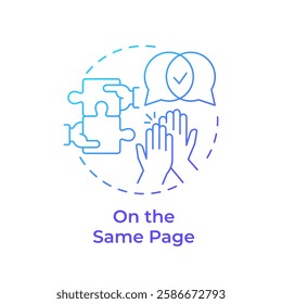 On the same page blue gradient concept icon. Teamwork puzzle. Collaboration, together. Round shape line illustration. Abstract idea. Graphic design. Easy to use in infographic, presentation