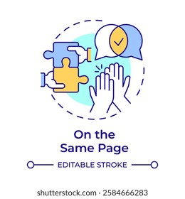 On the same page multi color concept icon. Teamwork puzzle. Collaboration, together. Round shape line illustration. Abstract idea. Graphic design. Easy to use in infographic, presentation