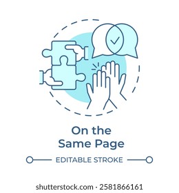 On the same page soft blue concept icon. Teamwork puzzle. Collaboration, together. Round shape line illustration. Abstract idea. Graphic design. Easy to use in infographic, presentation