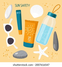 On sand are sea stones, shells and everything necessary for health on beach. Sun safety collection. Sunscreen cosmetics, water bottle, sunglasses. Summer Protection set. Cartoon vector illustration.