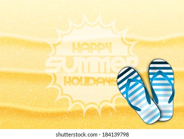 On a sandy background icon happy summer holidays and beach slippers
