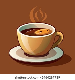 On a saucer, a cup of coffee releases steam, filled favorite Java coffee blend