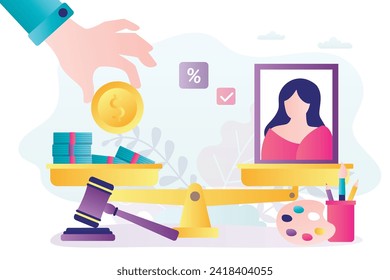 On scales is an artistic masterpiece and money in balance. Supply and demand at auction. Painting lot. Professional auction business. Auction house and bidding concept. flat vector illustration