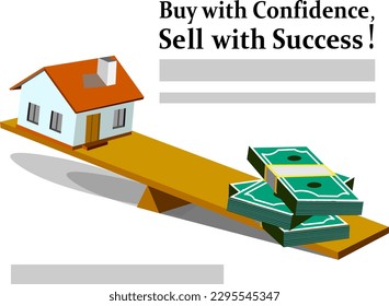 En la balanza de un lado de la casa del otro = bultos de dinero Comprar con Confianza, Vender con Éxito! vector