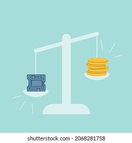 On the scales there is a microchip and coins. The cost of electronic microcircuits is increasing due to the global shortage of microchips.