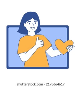 On Screen Girl With Hold Heart In Hand And Shows Hand Super Sign. Customers Or Followers Feedback, Positive Reaction To Virtual Communication. Remote Monitor Distance Relationship Vector Illustration