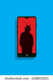 On the screen of a mobile phone, we see the shape of a black devil