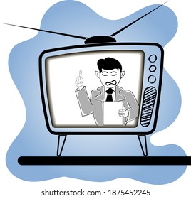 on the screen of an old TV, the announcer, raising his hand in a warning gesture, reads an important text from a sheet of paper. handmade vintage drawing. vector