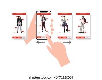 On the screen of the phone online shop with women's fashionable clothing for women, you can choose between several options for screens, your finger flips right and left to select the picture. 