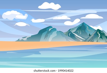 On the sea coast, mountains, desert, cartoon vector illustration