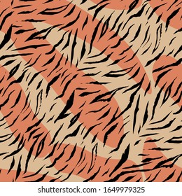 on a seamless pattern tiger print on a orange background, black stripes of different sizes.