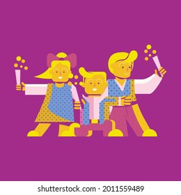 On September 1, happy children in school uniforms go back to school. Meeting with friends and teacher. Celebrating the start of the school year. Template for design. Funny cartoon simple characters