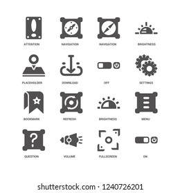 On, Settings, Off, Question, Menu, Attention, Placeholder, Bookmark, Fullscreen, Volume, Navigation icon 16 set EPS 10 vector format. Icons optimized for both large and small resolutions.
