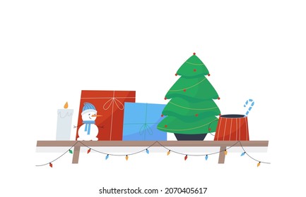 On the shelf there is a Christmas tree, a cup with a lollipop stick, and presents lying on it. It is decorated with a garland of colored lanterns. 