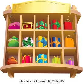 On shelves are arranged beautiful colored gifts. Colored packages and boxes tied with ribbons with bows.There is a field for text.