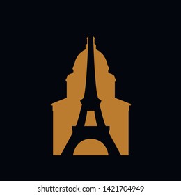 On the silhouette of the pantheon is the silhouette of the Eiffel Tower on a black background. Sightseeing tour. Vector.