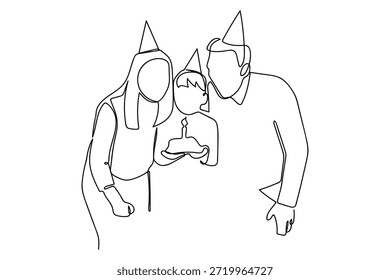 En una sola línea continua, el padre y la madre están organizando una fiesta de cumpleaños para su hijo. Minimalista.