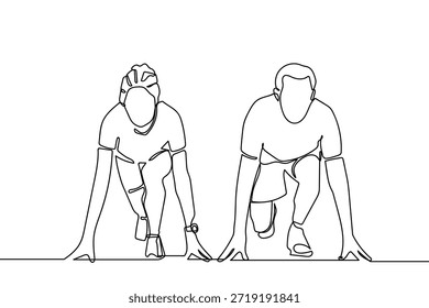 En una línea única y continua, los atletas de pista y campo se preparan para comenzar su carrera.