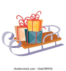 on a sleigh lay multi-colored gifts for the holidays Christmas and New Year, isolated object on a white background,