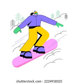 On the slope isolated cartoon vector illustrations. Young girl in helmet snowboarding on the slope alone, snowy weather, winter extreme sport, vacation time, outdoor activities vector cartoon.