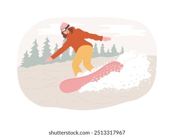 On the slope isolated cartoon vector illustrations. Young girl in helmet snowboarding on the slope alone, snowy weather, winter extreme sport, vacation time, outdoor activities vector cartoon.