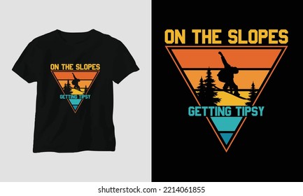 En las laderas, la camiseta tibia Diseño con montañas, snowboard y estilo retro