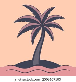 On a small island, there stands a palm tree surrounded by ocean waters