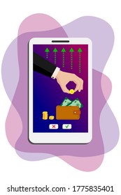 On the smartphone screen, a hand of a business man in a suit puts a golden dollar in a leather purse. Online payments, money transfers, online purchases. Vector on white isolated background.