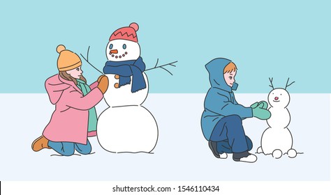 On snowy days, children are making snowmen outside. hand drawn style vector design illustrations. 