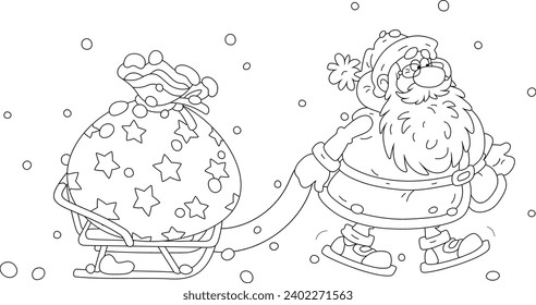On the snowy night before Christmas funny Santa Claus pulling his sledge with a big magical bag of winter holiday gifts for little kids, black and white outline vector cartoon illustration for a color