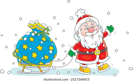 On the snowy night before Christmas funny Santa Claus pulling his sledge with a big magical bag of winter holiday gifts for little kids, vector cartoon illustration isolated on a white background