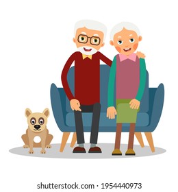 On the sofa sit elderly woman and man. Nearby on the floor sits a dog. Family portrait of elderly with animal. Married couple of pensioners at home on couch with a pet. Illustration in flat style.
