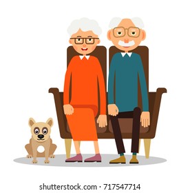 On the sofa sit elderly woman, man and dog. Family portrait of elderly with animal. Married couple of pensioners at home on couch with a pet. Illustration in flat style. Isolated. Vector