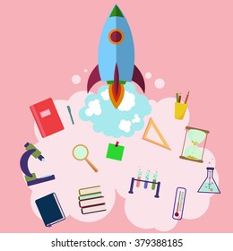 on space with rocket education design infographic,people learn concept vector illustration