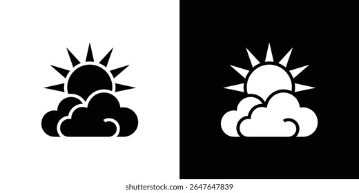 Em um plano de fundo preto e branco dividido, um ícone contrastante mostra raios solares surgindo atrás de uma nuvem, lembrando um símbolo ou logotipo de previsão do tempo.