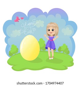 On a spring background, a little cute girl is surprised and pleased. She saw a big easter egg. Greeting card with text: Happy Easter