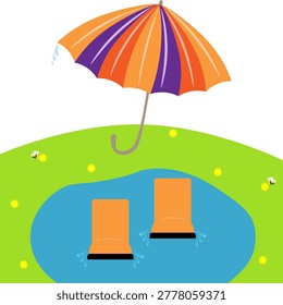 On a spring lawn, in a puddle, a pair of funny orange children s rubber boots with a colorful umbrella and water droplets. Vector illustration.