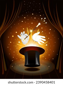 On the stage with the backstage magic hat cylinder, the wizard's hands hold a magic wand from which magic sparks sparkle  Vector