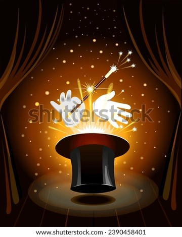 On the stage with the backstage magic hat cylinder, the wizard's hands hold a magic wand from which magic sparks sparkle  Vector