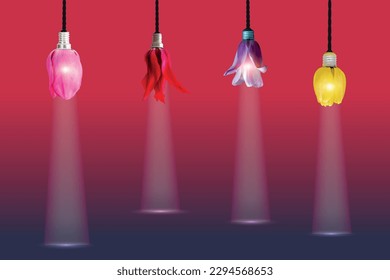 Auf der Bühne. Farbige Blumen, Tulpen in Form von elektrischer Lampe, Glühbirne. Bild von kreativer Kunst. Ökologie, Licht und Energie sparen Konzept. Kopienraum für Text.