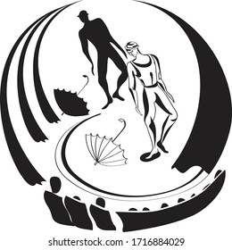 On stage in front of the viewer 