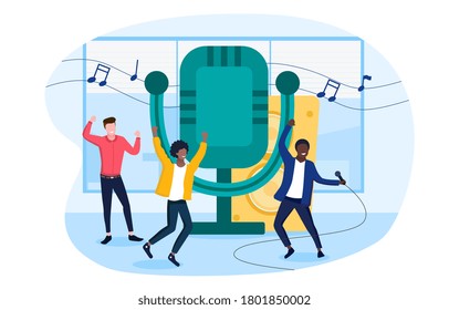 On stage karaoke at a party or concert with group of friends dancing in front of a microphone icon, colored vector illustration