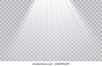 Auf der Bühne leuchtet ein Rampenlicht. Ein Lichteffekt, exklusiver Objektiveinsatz mit Blitz. Licht aus einer Lampe oder einem Scheinwerfer. Eine beleuchtete Szene. Das Podium im Mittelpunkt.